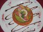 Blinis à l'avocat, tartare de St Jacques et Rouget roti