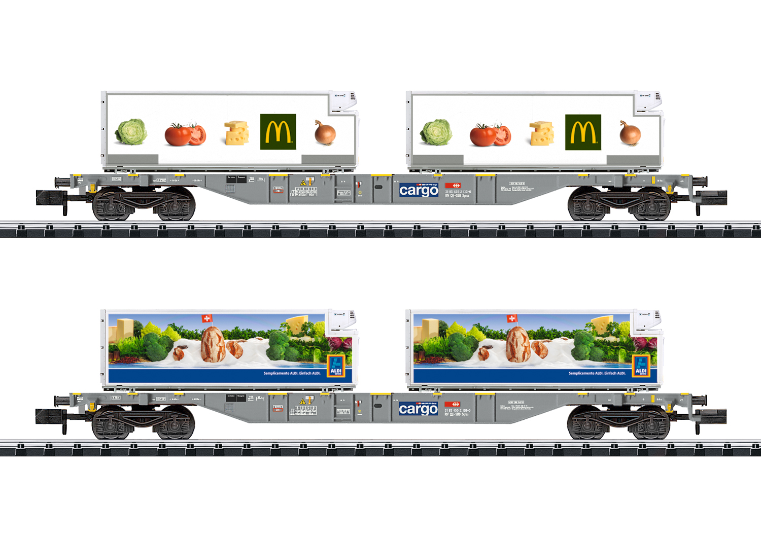 Minitrix 15488, SBB Containertragwagen-Set "Lebensmittel-Kühltransport" (2x Sgns, McDonald's + Aldi)