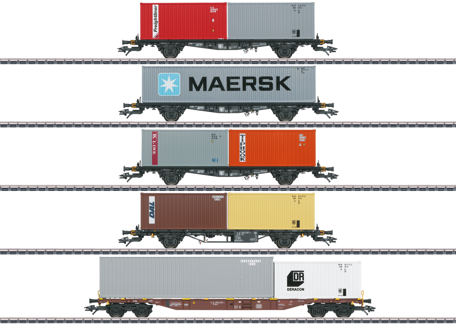 Märklin 47680, Container-Tragwagen-Set, 5-teilig (3x Lbgjs 598; 1x Lgjs 573; 1x Sgns 694), Ep. IV