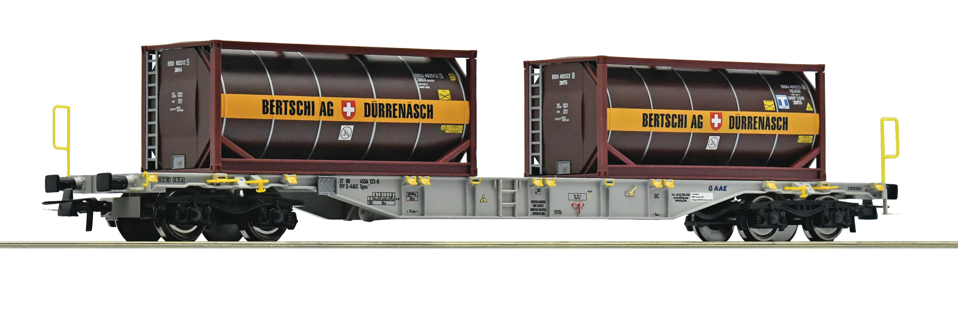 Roco 77346, AAE/SBB Containertragwagen Sgnss (2x Tankcontainern Bertschi, braun)