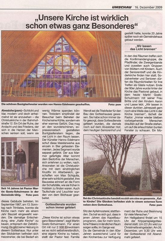 Umschau Artikel &uuml;ber die Alvesloher Kirche vom16.12.2009