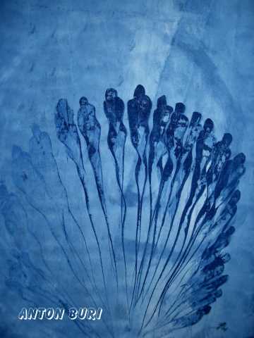 F&auml;chermenschen in Blau. Malerei Gouach auf Papier. Anton Buri, Kunstschaffender, Lohn - Ammannsegg, Schweiz