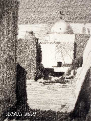 Insel Santorini, Grichenland, Bleistiftzeichnung entstanden auf einer Studienreise, Licht- und Schattenspiel in weissen H&auml;user war besonders reizvoll, Anton Buri, Kunst + Architektur, Lohn - Ammannsegg,  Schweiz