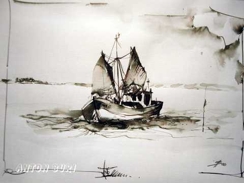 Fischkutter vor der Insel Amrun, Deutschland, Tuschezeichnung entstanden auf einer Studienreise im Jahr 2000, Anton Buri, Kunst + Architektur, Lohn - Ammannsegg, Schweiz