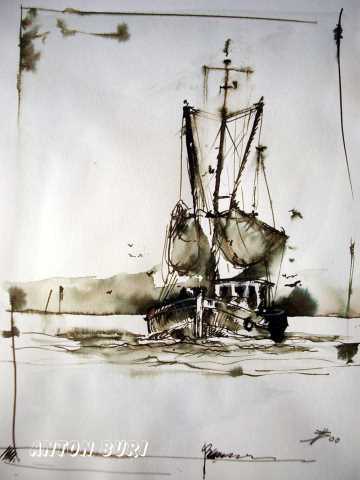 Fischkutter vor der Insel Amrun Deutschland, Tuschezeichnung entstanden auf einer Studienreise im Jahr 2000, Anton Buri, K&uuml;nstler, Lohn - Ammannsegg, Schweiz