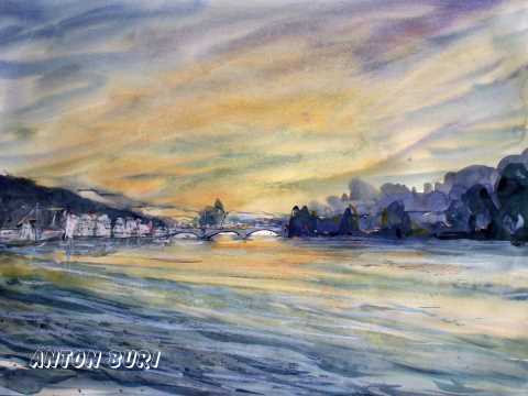 Abendstimmung &uuml;ber Rheinfelden, Aquarell von Anton Buri, K&uuml;nstler, Lohn - Ammannsegg, Schweiz