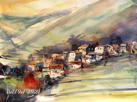 Aquarell Tessin,Tessinerdorf im Muggiotal, Anton Buri, Kunst + Architektur, Lohn - Ammannsegg, Schweiz