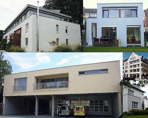 von links nach rechts: Neubau 16 Wohnungen als Erg&auml;nzung einer 50er Jahre Siedlung // "Gartenvilla" Meerbusch 2007 // Neubau Rettungswache MG 2008 // Wohn- und Gesch&auml;ftshaus historische Innenstadt D'dorf 1996 // Umbau EFH von 1928 MG