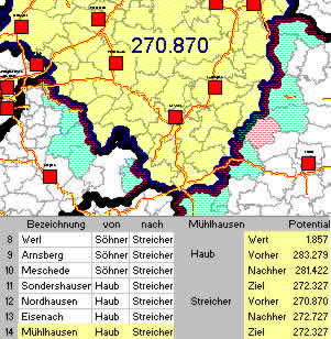 Die gr�nen Gebiete k�nnten unter aufgrund Ihres Volumens und aufgrund Ihrer geographischen Lage dem gelben Verkaufsgebiete zugeschlagen werden. F�r das rot markiete Gebiet wird rechts unten angezeigt, welches Volumen sich darin befindet und wie sich das Volumen der Verkaufsgebiete Haub und Streicher bei der Verschiebung des roten Gebietes �ndern w�rde.
