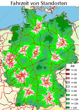 Der Rot-Gr�n-Verlauf zeigt welche Fahrzeit ben�tigt wird, um von einem der Standorte an jeden Ort in der Bundesrepublik zu gelangen.