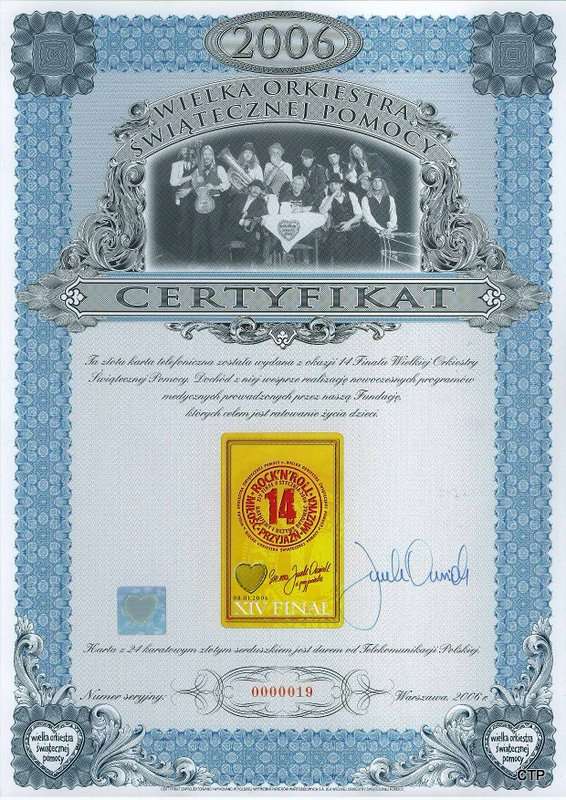 WOŚP 2006 Certyfikat