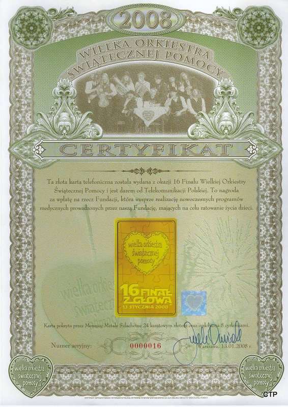 WOŚP 2008 Certyfikat