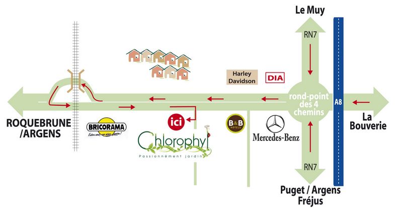 Plan de rep&eacute;rage pour trouver facilement la jardinerie Chlorophyl &agrave; Roquebrune sur Argens dans le Var (83)