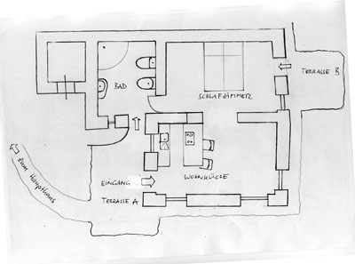 Grundrissplan des Appartements mit anschließenden Terrassen