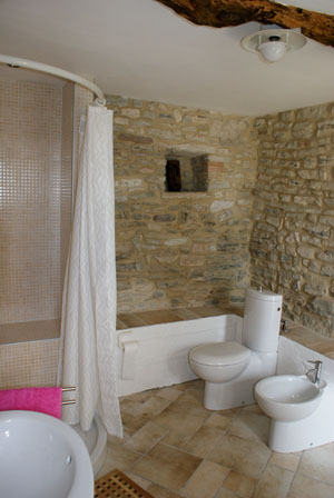 Badezimmer mit Natursteinwand, WC, Bidet