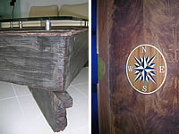Details eines Couchtisches in Bengossi-Eiche aus ca. 150 Jahre altem Material gefertigt, mit Glasplatte und Details eines Esstisches in Pyramiden-Mahagoni mit Intarsienarbeiten und Blattgold