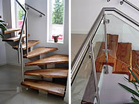 Treppenanlage (Mittelholm) in Edelstahl und Glas mit Stufen aus Eiche massiv (rustikal getrimmt)