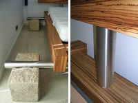 Details vom Doppel-Bett in Zebrano, Edelstahl und Granit