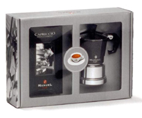 Manuel Caff&eacute;, schwarze Moccamaschine mit Kaffee Linie Jet Set, in den Sorten Sprriso, Dolce Vita, Capriccio, Decaroma bei Gro&szlig;Handel EIS GmbH