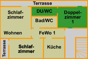 Grundriss der Ferienwohnung 1 und Doppelzimmer 1. Die Fewo kann dadurch f�r 6 Personen erweitert werden.