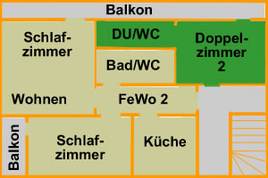 Grundriss der Ferienwohnung 2 und Doppelzimmer 2. Die Fewo kann dadurch f�r 6 Personen erweitert werden.