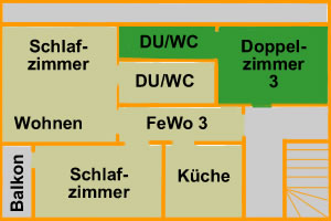 Grundriss der Ferienwohnung 3 und Doppelzimmer 3. Die Fewo kann dadurch f�r 6 Personen erweitert werden.