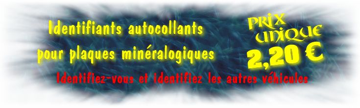 Un ou deux identifiants de plaque min&eacute;ralogique peuvent &ecirc;tre coll&eacute;s sur la partie droite de votre plaque d'immatriculation. Vous pouvez choisir le num&eacute;ro d'un d&eacute;partement fran&ccedil;ais ainsi que, par exemple, l'embl&ecirc;me d'une ancienne province fran&ccedil;aise. Quelques soient les blasons choisis, Ils seront d&eacute;collables en cas de vente du v&eacute;hicule et d'autres identifiants pourront alors &ecirc;tre appliqu&eacute;s sur la plaque min&eacute;ralogique.