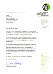 Schreiben der Zoologischen Gesellschaft Frankfurt