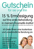 Drucken Sie sich hier Ihren 15%-Gutschein aus und bringen Sie diesen zu Ihrer ersten Behandlung mit.