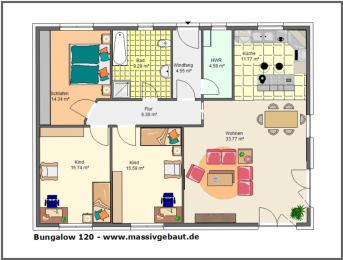 Grundriss Bungalow 120 - offenes Wohnen im Eigenheim