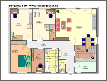 Grundriss Bungalow 140 - Haus bauen mit Platz für Wohnideen