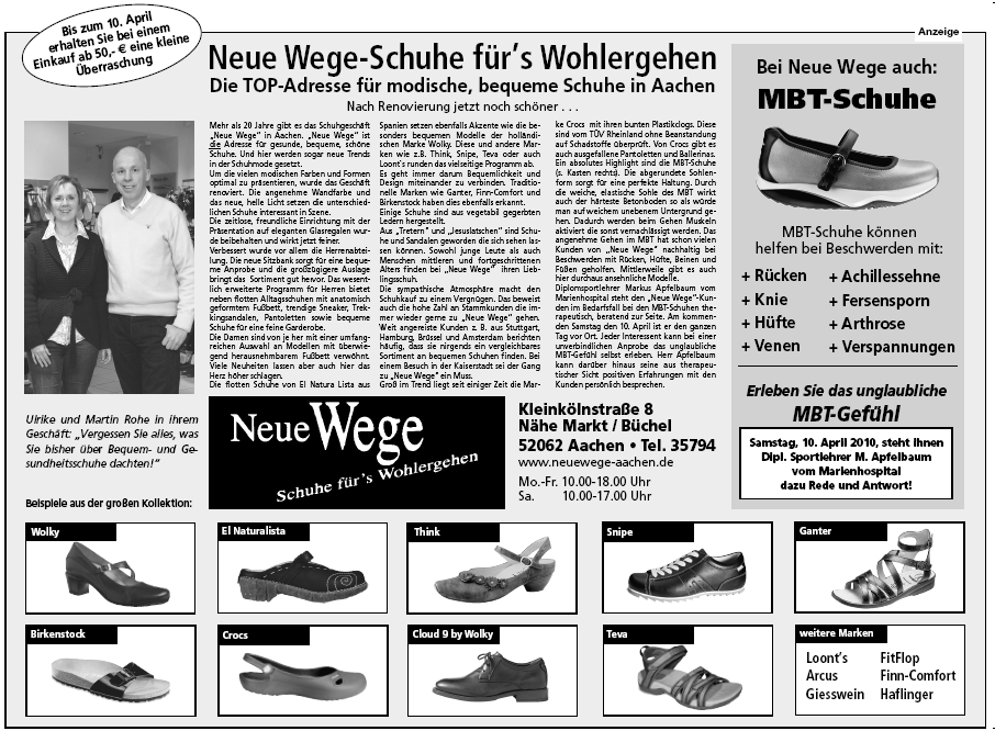 Pressebericht Schuhhaus Neue Wege in der Aachener Zeitung vom 8.4.2010