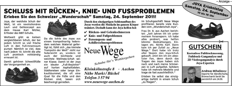 Anzeige vom 24.09.2011 vom Schuhaus Neue Wege in Aachen, Kleink&ouml;lnstr. 8 f&uuml;r Joya Event am 24.09.2011.
