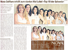 Nova Coiffure erh&auml;lt zum vierten Mal Label &laquo;Top 10 der Schweiz&raquo;