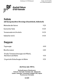 Gasthof Ochsen Küsnacht Menukarte: Salate, Suppen, Fisch, Rindfleisch, Kalbfleisch, Schweinefleisch, Vegetarisch, Käsefondue, Kinderteller, Oeppis für de Gluscht (warm und kalt)