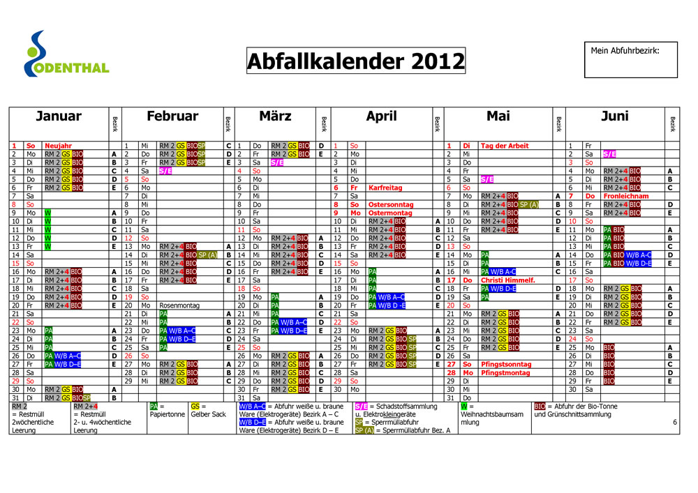 Abfuhrkalender Odenthal 2012