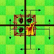 Bewegungsmuster des Pferdes im Brettspiel Pferdemist (R&ouml;sselsprung), entlehnt dem Schach