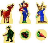 Ben&ouml;tigtes Materal bei der Brettspiel Variante Pferdemist: das Pferd, der Bauer, Pferde&auml;pfel und Gem&uuml;sekarten
