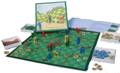 Das Brettspiel Pferdemist mit all seinen Figuren und Pferdemist-Kärtchen