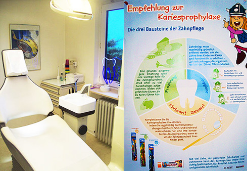 Zahnarztpraxis Heidelberg-Ziegelhausen Ewa Kirsch - ein Behandlungszimmer und Infos zur Karies-Prophylaxe