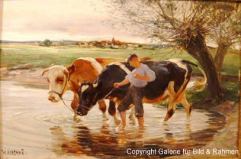 1k. Max Bergmann, 1884 - 1955, Zwei K�he mit H�ter in der Tr�nke, �l/Holz, 40 x 60cm