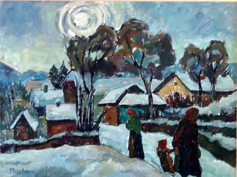 5b. Georg Poschner, 1916-1962, Dorffrauen im Winter, �l/Lwd., 48x64cm