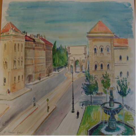 1p, Florian Bosch, 1900 - 1972, Ludwigstra�e mit LMU u.Siegestor, Aquarell, dat 1962,  49 x 65 cm 