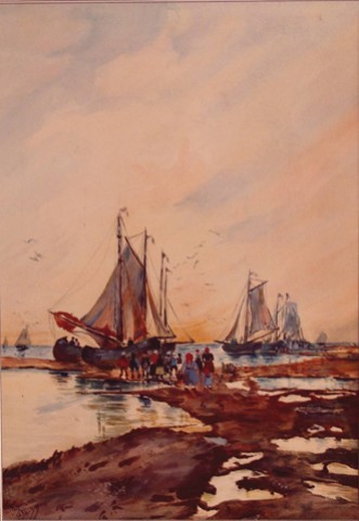 4h, HansHerrmann, Berlin 1858-D�sseldorf 1942, Fischerboote im Watt, Aquarell, 45,5 x 31,5