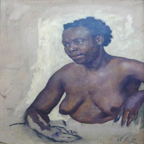 5 j  Halbakt einer Afrikanerin, monogr. W.K./89 (Wilhelm Kuhnert 1865 - 1926), �l /Malpl., 71,5 x 52