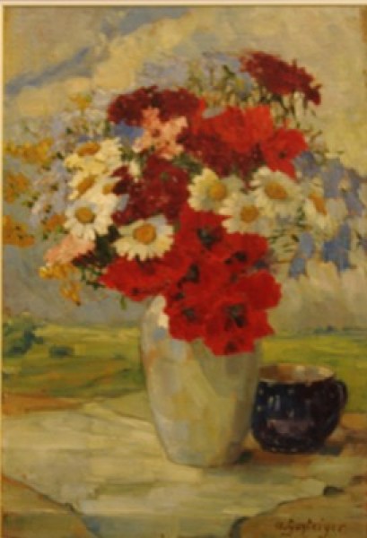 3h2 Anna Sophie Gasteiger, 1877 - 1954, "Feldblumenstrauß im Gegenlicht", Öl/Ktn., 65 x 44,5 cm,