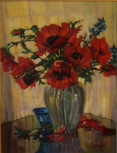 3h3 Anna Sophie Gasteiger 1877 - 1954, "Mohn in Opalglasvase", Öl/Malpl., 63,8 x 49,5 cm