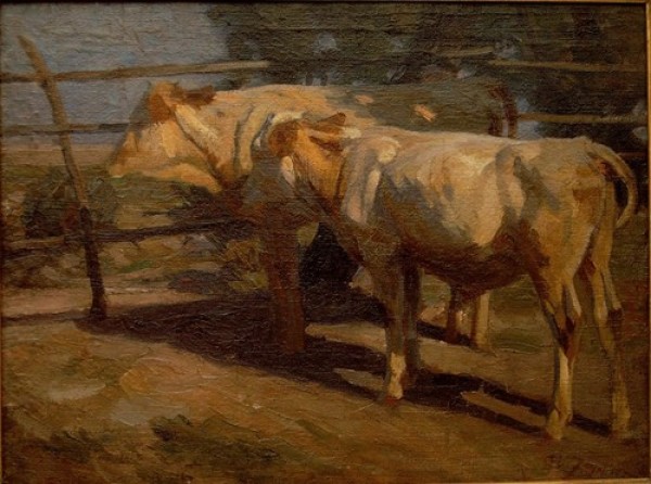 9r.  Heinrich von Zügel, 1850-1941, "Zwei Kühe am Gatter", Öl/Lwd., 60x80cm