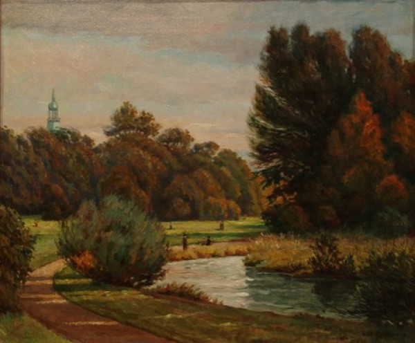 1g  E. Baumann, "Abendsonne im Englischen Garten", Öl/Lwd., 55 x 66 cm