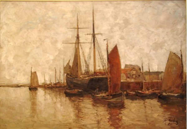 3j2  Rudolf Guba, 1884 - 1950, "Fischerboote im Hafen", Öl/lwd., 70 x 100 cm